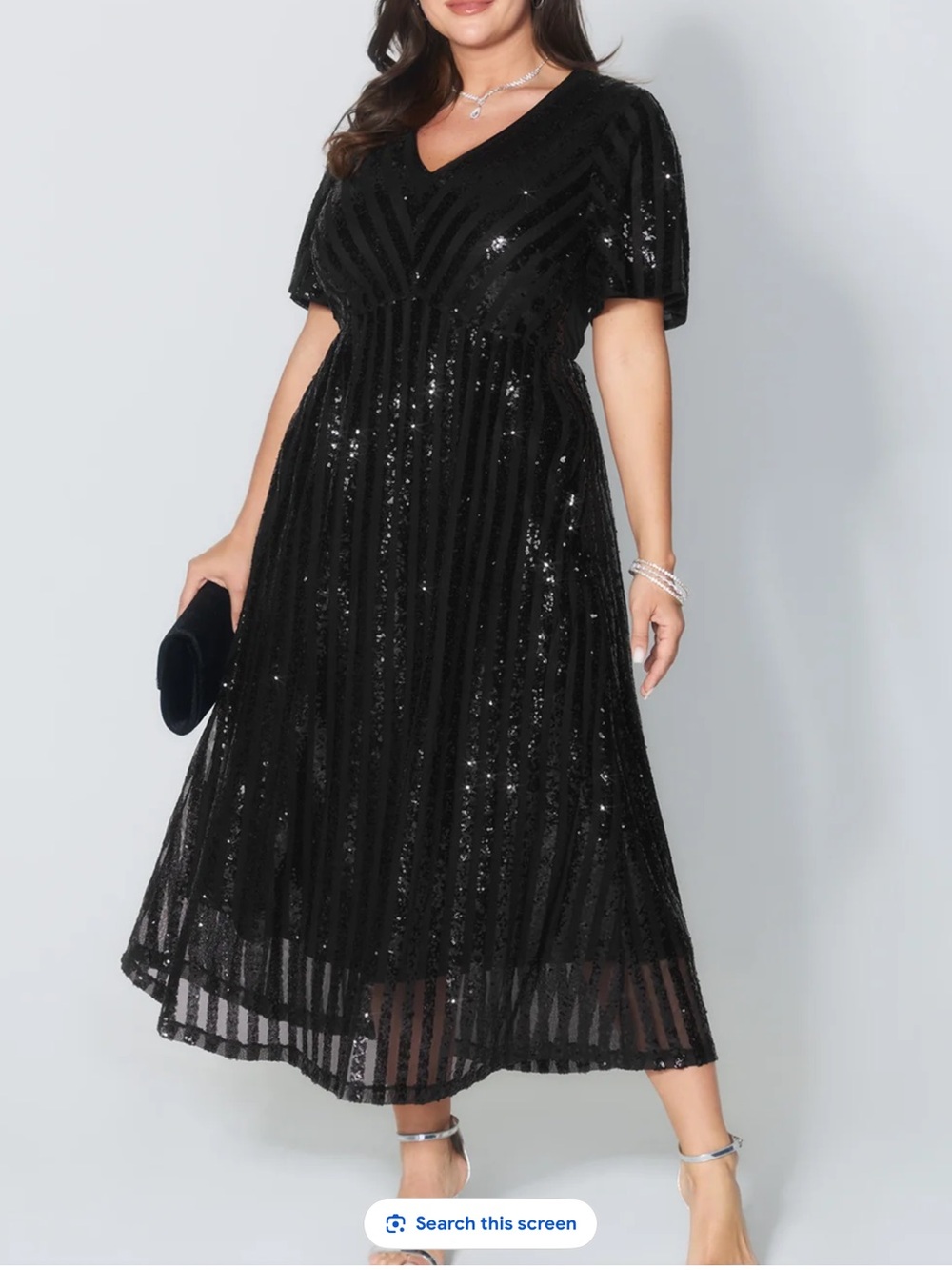 BloomChic Black Shimmery Sequin V-Neck Midi Dress